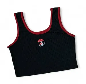 Y2K‎ Black Ribbed Crop Tank Top Red Trim Embroidered Mushroom Women's Size M thumbnail 1