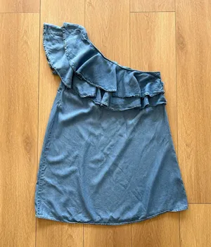 ZARA Jean One-Shoulder Ruffle Dress thumbnail 1