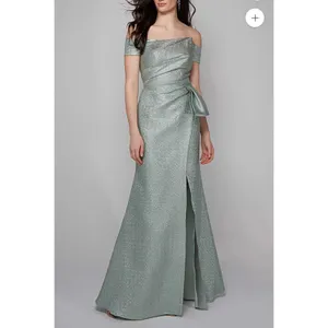 Alyce Paris Gold‎ Metallic Off Shoulder Evening Gown Formal Dress Side Bow Slit thumbnail 3