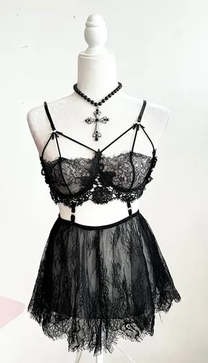 Black Lace Babydoll Tank Top, Goth Whimsigoth Grunge Indie‎ Sleaze Small thumbnail 1