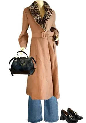 Oronero Tan Italian Wool & Animal Print Rabbit Fur Collar Coat (8) thumbnail 1
