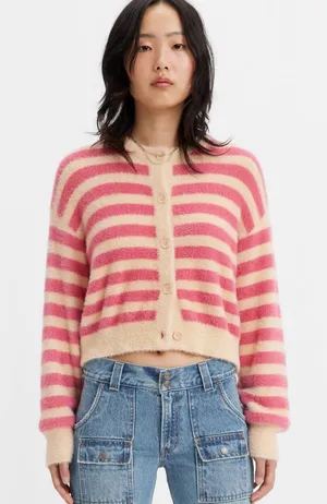 Levi's Women's Cat Cardigan Sweater Fuzzy Cropped Button Front Long Sleeve thumbnail 1