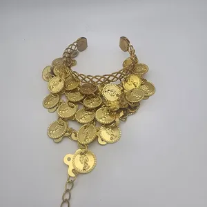 Belly Dancer Gold Tone Coin Cuff Bracelet & Attached Ring thumbnail 3