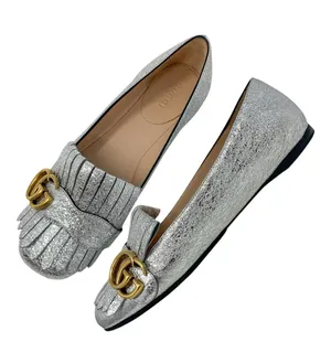 Gucci Silver Foiled Leather Marmont GG Logo Kiltie Fringe Flat Loafers EU 35 thumbnail 1