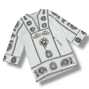 Zara Boho Embroidered Textured Cotton Tunic Shift Mini Dress White Tan Black XS‎ thumbnail 14