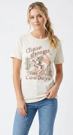 Amused by blue graphic T-shirt cotton fabric size small chase dreams not cowboys thumbnail 1