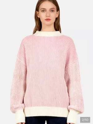 Aerie Beyond Chenille Pink & Cream White Sweater Ribbed Oversized Medium thumbnail 1