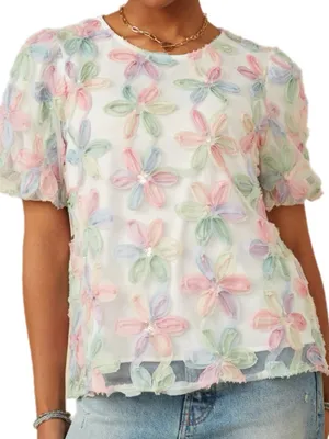 Umgee Pastel Floral Appliqué Sheer Sequin Blouse thumbnail 1