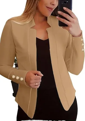 NWT ~ Women's Tan Open Blazer Cardigan Jacket Long Sleeves Gold Buttons ~ XXL thumbnail 1