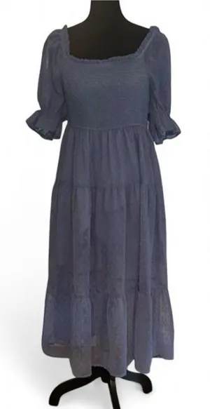 MEROKEETY Blue Solid Square Neck Smocked Belted Puff Sleeve Midi Dress S thumbnail 1