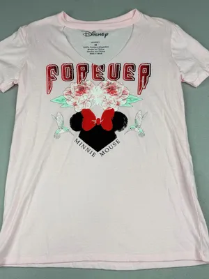 Disney Minnie Mouse Forever Floral Graphic Tee Womens M Pink V Neck Cotton thumbnail 1