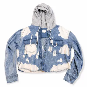 American Eagle Bleach Wash Cropped Denim Jacket Hoodie Blue White Womens Medium thumbnail 1