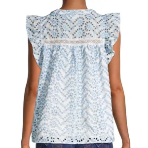 Floral Eyelet Embroidered Button-Up Blouse - Light Blue & White Sleeve thumbnail 4