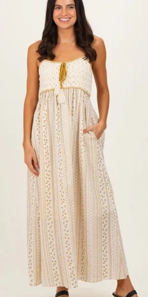 Gold Bohemian Crochet Cotton Maxi Dress thumbnail 1