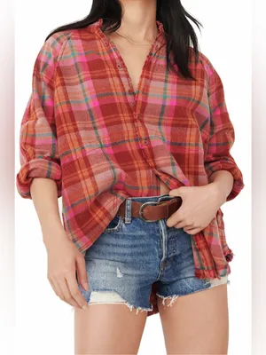 Free People We The Free Summer Daydream Plaid Button Down Shirt XS Boho thumbnail 3