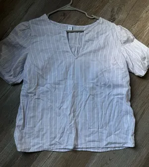 Old Navy Nautical Light Blue & White Striped V Neck Top Puffy Sleeve Size M thumbnail 1
