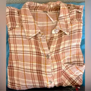 Free People Dusty Pink, Rust & Cream Soft Flannel Button Down Shirt. Relaxed Fit thumbnail 2