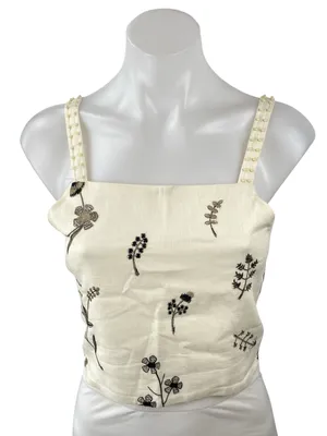 Zara Women's Cream Beaded Embroidered Leaf Sleeveless Tie Cami Crop Top Size L thumbnail 1