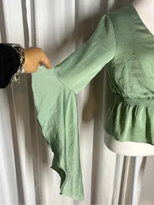 Express Sage Green Draped Bell Sleeve Wrap Top Size XS thumbnail 5
