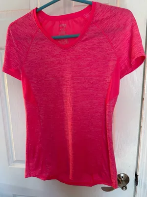 Danskin Hot Pink Short Sleeve V-Neck Performance Tee thumbnail 1