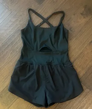Black Athletic Keyhole Shorts Romper Criss Cross Straps EUC Size M thumbnail 1