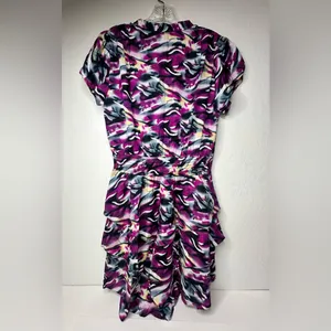 VERTIGO Dress Women’s Size Medium Blouson Flare Tiered Cinched‎ Purple Blue Work thumbnail 2