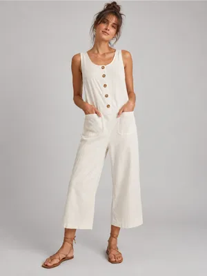 Marine Layer XS Ivory Sleeveless Button Front Wide Leg Cropped Jumpsuit Pockets thumbnail 2