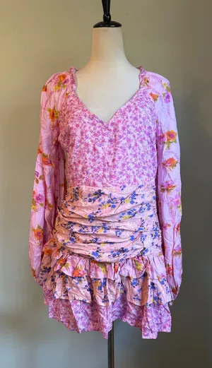 For Love Bell Pink fancy Floral Ruched Mini Dress Long Sleeve Ruffle L dainty y2 thumbnail 1