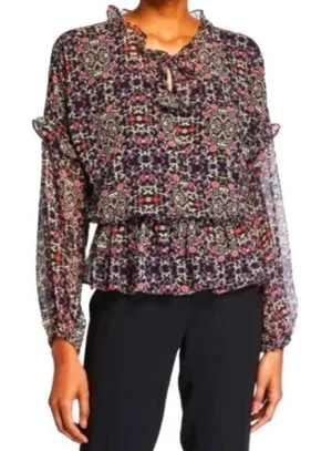 Misa Los Angeles Vera Floral Long-Sleeve Ruffle Blouse‎ Black Size Small thumbnail 1