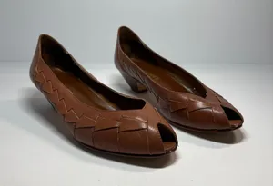 Vintage Sugarfoots Brown Leather Woven Peep Toe Pumps Women’s 7.5 M Brazil thumbnail 1