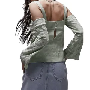 Topshop Textured Cold Shoulder Long‎ Sleeve Top Sage Green Women's 6 thumbnail 2