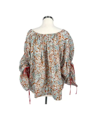 By Anthropologie Boho Peasant Floral Shirred Blouse Brown Blue Size Large thumbnail 6