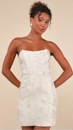 Lulus Enchanting Bombshell Cream Floral Jacquard Strapless Mini Dress Medium NWT thumbnail 1