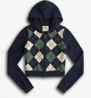 Hollister Argyle Zip Up Knit Hoodie Navy Blue Green Cropped Sweater XS‎ thumbnail 1