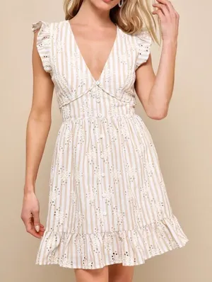 Lulus Sunny Crush Striped Embroidered Mini Dress Beige/Ivory M NWT IN PACKAGE thumbnail 1