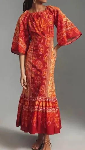 FARM Rio 100% Cotton Vibrant Red and Orange Long Sleeve Dress Size Medium thumbnail 1