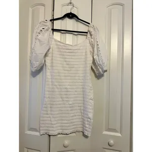 Betsey Johnson Womens White Textured Dress With Lace Puff Sleeves Size‎ L thumbnail 3
