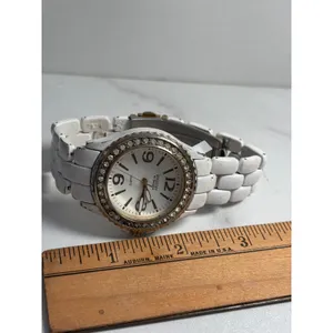 Embassy by Gruen White Enamel Crystal Bezel Quartz Watch Gold Tone Accents thumbnail 4