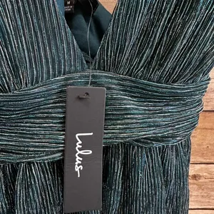 Lulus Dress Women’s Size Medium Teal Metallic Stripe Twist Back Cocktail NWT thumbnail 5