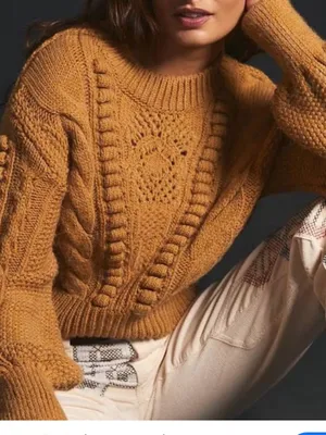 Anthropologie Women's Chunky Cropped Cable-Knit Bobble Balloon Sleeve Sweater thumbnail 1
