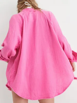 Aerie Pool-to-Party Pink Gauze Oversized Button Down Shirt thumbnail 3