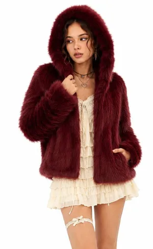 Wild Fable Burgundy Faux Fur Jacket S Y2K Mob Wife Glam Plush Coat thumbnail 1