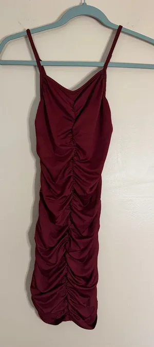 Ruched Burgundy Spaghetti Strap Dress thumbnail 1