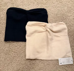 Stretch Ribbed Knit Strapless Tops - Cream and Black thumbnail 1