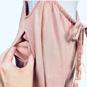 NEW Mazik Wide Leg Linen Jumpsuit Boho Pink MEDIUM Suspender Overalls Tassels thumbnail 4
