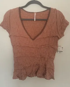 NWT Free People Ribbed Lace Krystal Tuscany Brown Ruffle T Shirt Tee‎ Top Small thumbnail 1