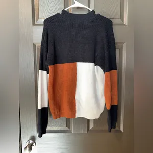 Trendy Colorblock Crew Neck Sweater - Black, White, and Orange thumbnail 4