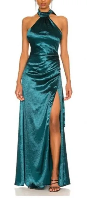 Lovers and Friends Kendall Satin Halter Open Back Sash Maxi Dress Gown Green S thumbnail 1