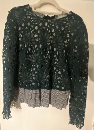 Maeve Anthropologie Gabriella Green Lace and Gingham Peplum Long Sleeve Top thumbnail 5