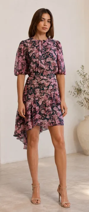 Chelsea28 Floral Chiffon Ruffle Mini Dress Pink Green Size 2 Wedding Guest thumbnail 1